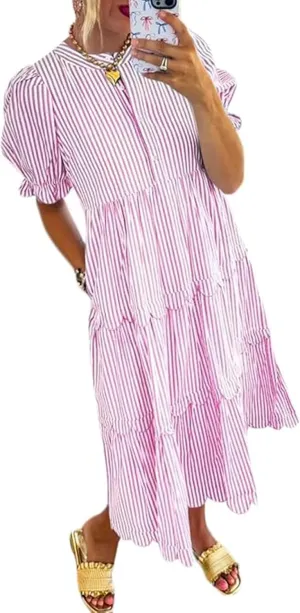 Apvirdy Women's Casual Striped Bubble Short Sleeve Shirt Dress Scallop Button Front Ruffle Tiered Long Dress