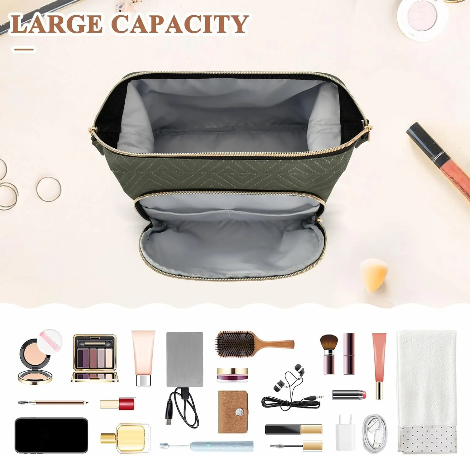 Army Green Makeup Bag Travel Toiletry Bag Makeup Case Box Cute Skincare Bag Organizer Small Cosmetic Bag Pouch Make Up Bags for Toiletries Women Purse Men Adults Trip Sports
