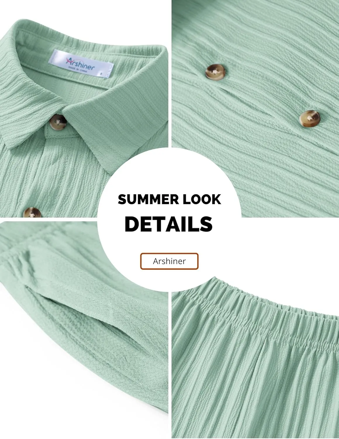 Arshiner Boy's Textured Button Up Shirt and Shorts Set 2 Piece Summer Beach Outfit for 5-12 Years Kids