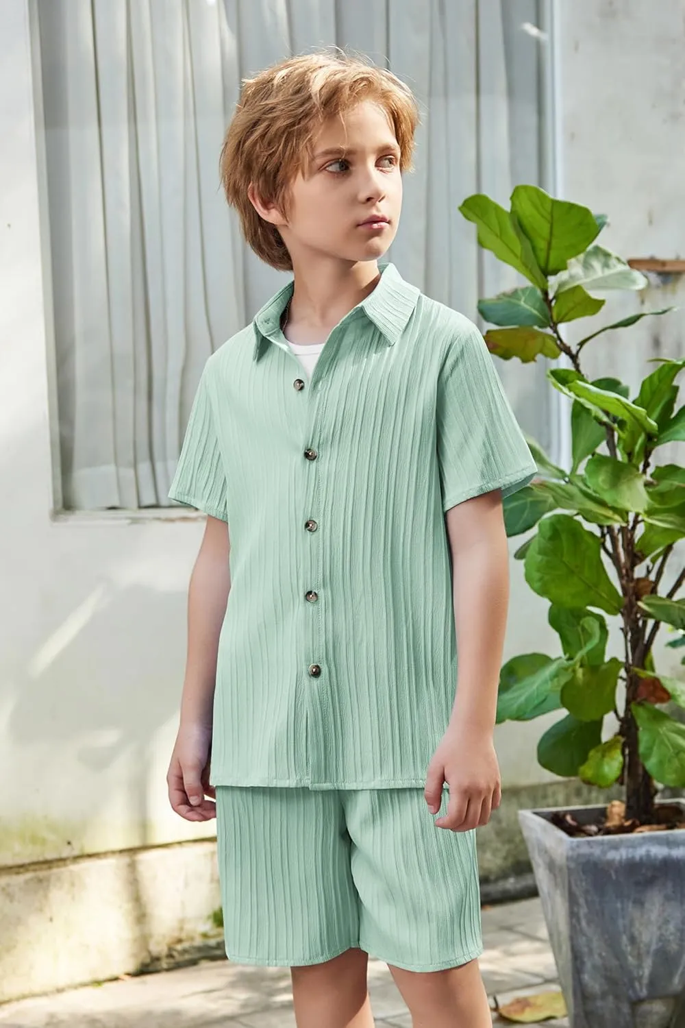 Arshiner Boy's Textured Button Up Shirt and Shorts Set 2 Piece Summer Beach Outfit for 5-12 Years Kids