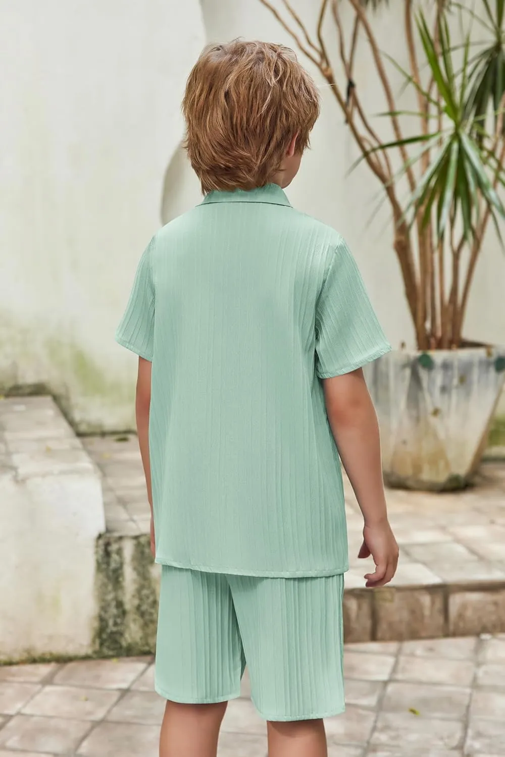Arshiner Boy's Textured Button Up Shirt and Shorts Set 2 Piece Summer Beach Outfit for 5-12 Years Kids