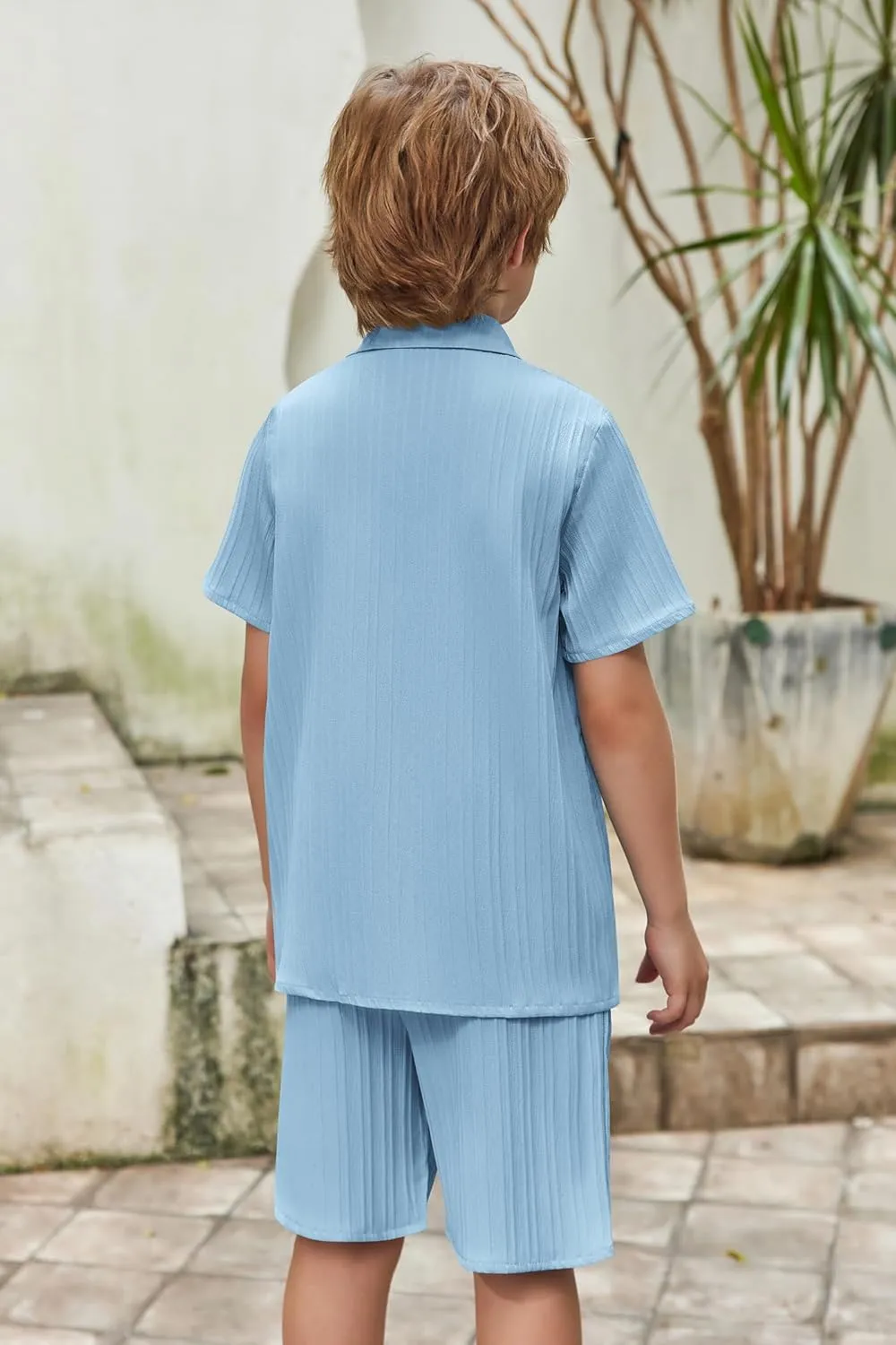 Arshiner Boy's Textured Button Up Shirt and Shorts Set 2 Piece Summer Beach Outfit for 5-12 Years Kids