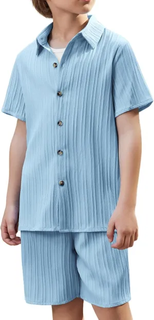 Arshiner Boy's Textured Button Up Shirt and Shorts Set 2 Piece Summer Beach Outfit for 5-12 Years Kids