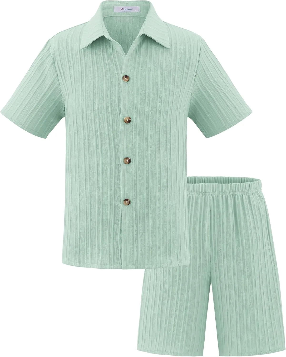 Arshiner Boy's Textured Button Up Shirt and Shorts Set 2 Piece Summer Beach Outfit for 5-12 Years Kids