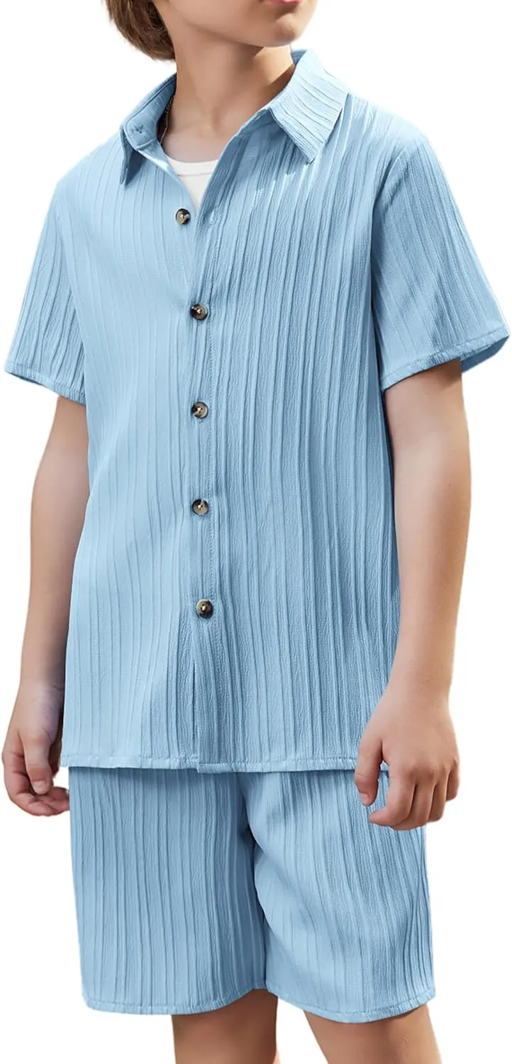 Arshiner Boy's Textured Button Up Shirt and Shorts Set 2 Piece Summer Beach Outfit for 5-12 Years Kids