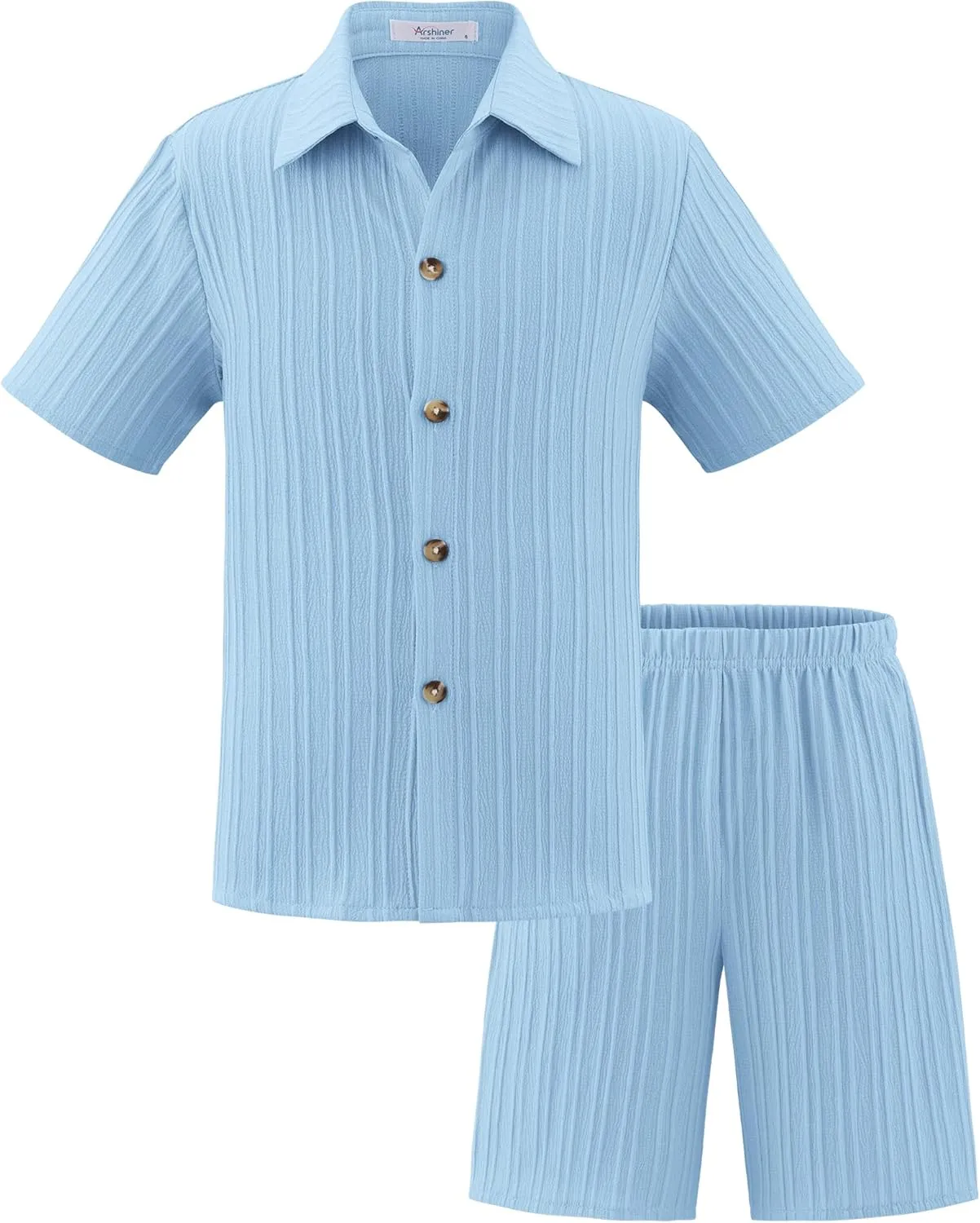 Arshiner Boy's Textured Button Up Shirt and Shorts Set 2 Piece Summer Beach Outfit for 5-12 Years Kids