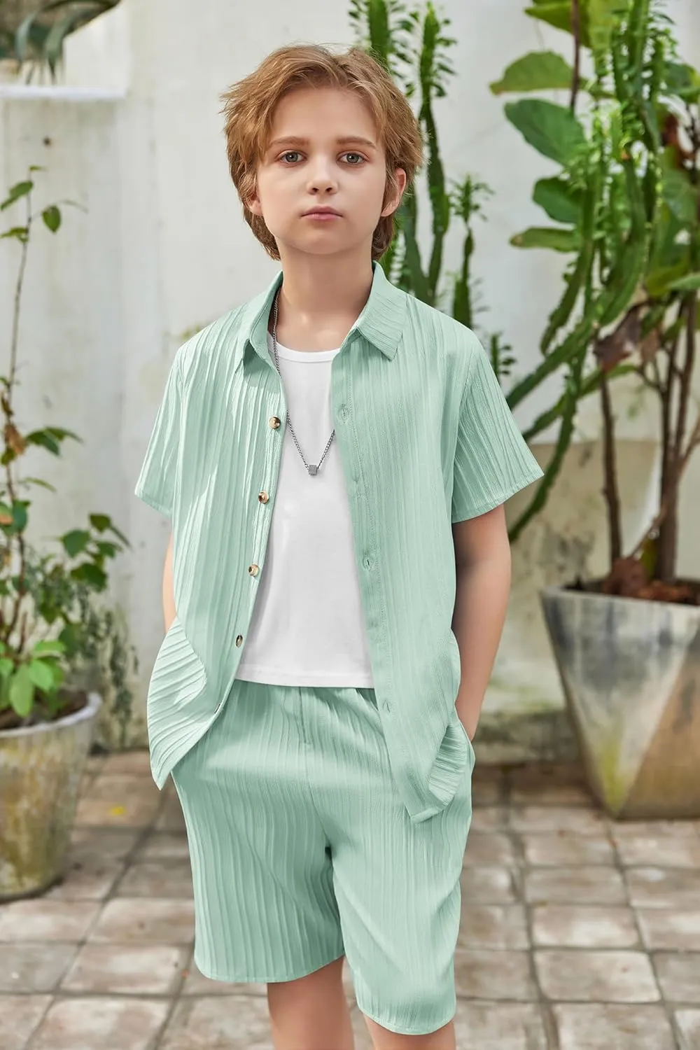 Arshiner Boy's Textured Button Up Shirt and Shorts Set 2 Piece Summer Beach Outfit for 5-12 Years Kids