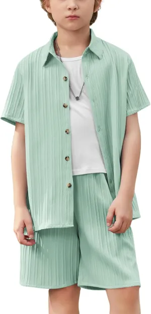 Arshiner Boy's Textured Button Up Shirt and Shorts Set 2 Piece Summer Beach Outfit for 5-12 Years Kids