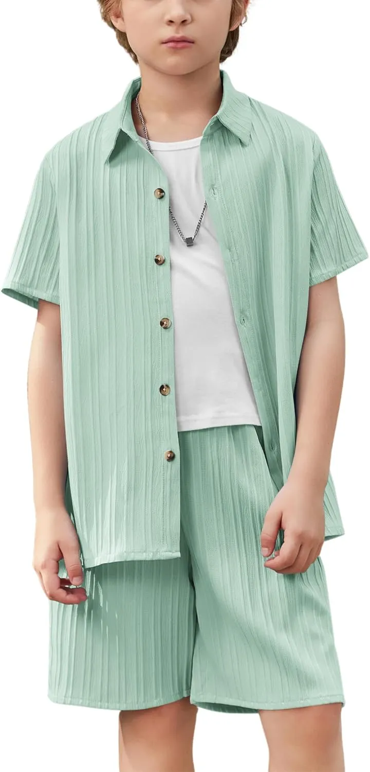 Arshiner Boy's Textured Button Up Shirt and Shorts Set 2 Piece Summer Beach Outfit for 5-12 Years Kids
