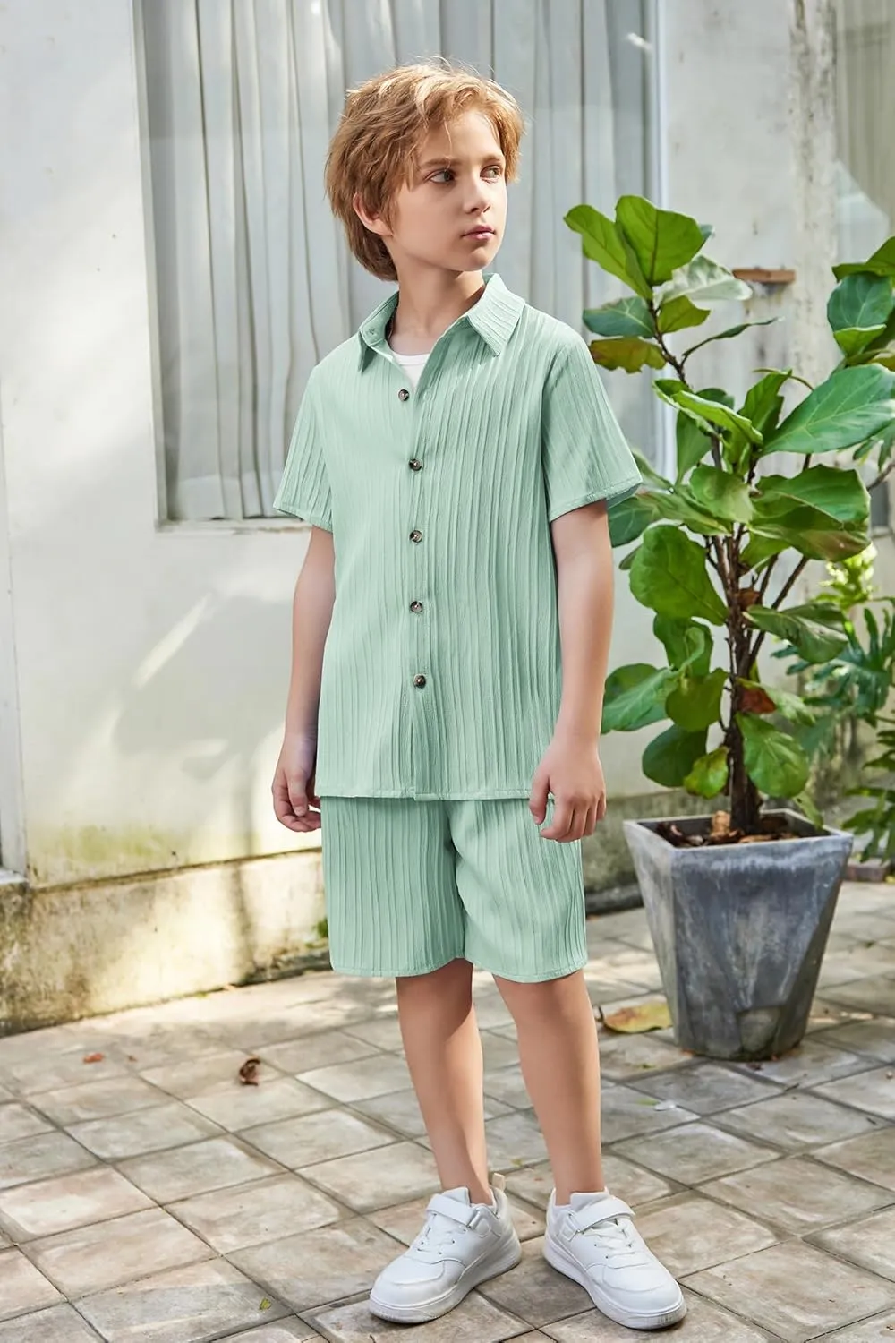Arshiner Boy's Textured Button Up Shirt and Shorts Set 2 Piece Summer Beach Outfit for 5-12 Years Kids