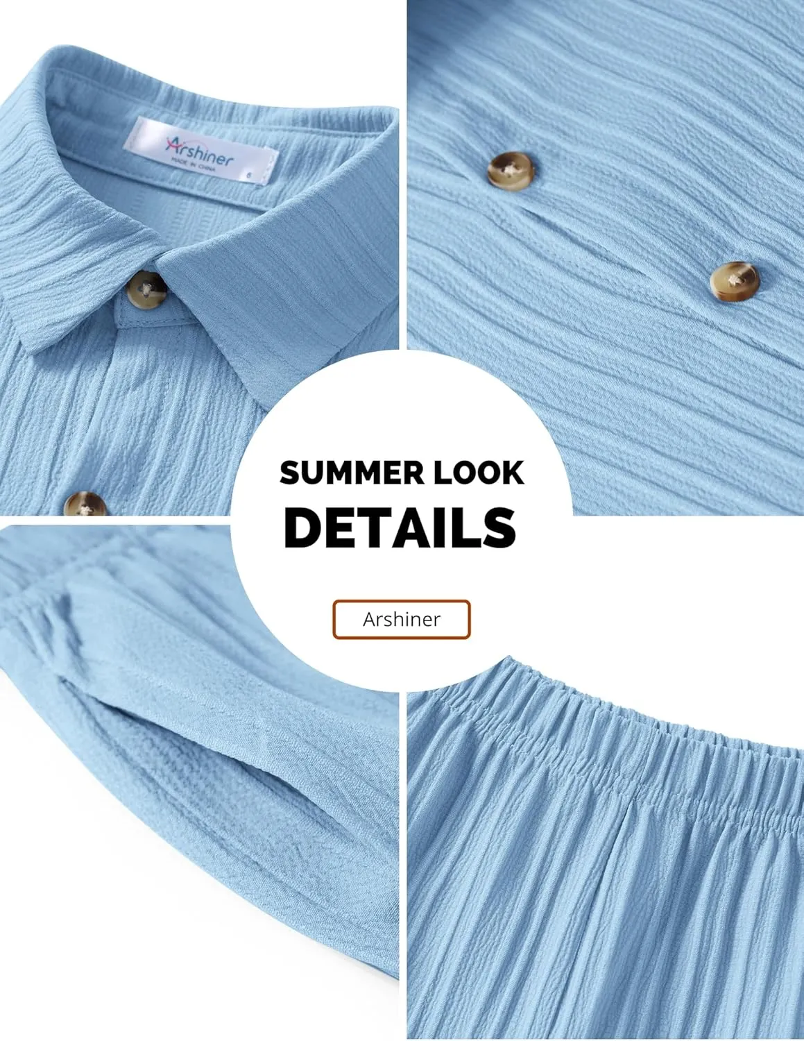 Arshiner Boy's Textured Button Up Shirt and Shorts Set 2 Piece Summer Beach Outfit for 5-12 Years Kids