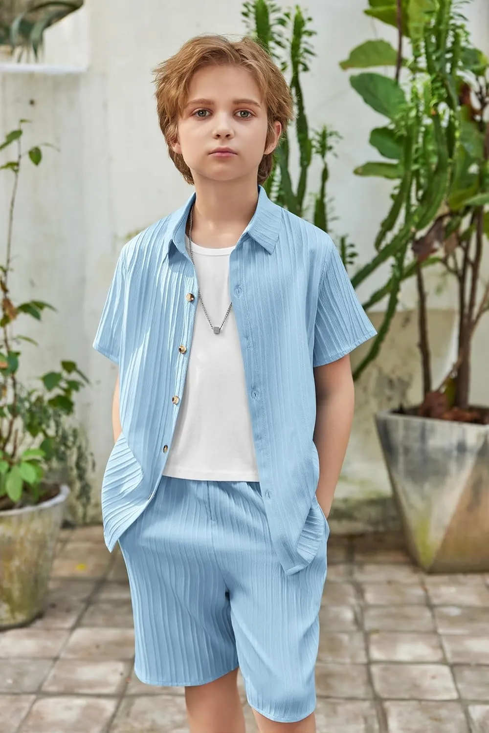 Arshiner Boy's Textured Button Up Shirt and Shorts Set 2 Piece Summer Beach Outfit for 5-12 Years Kids
