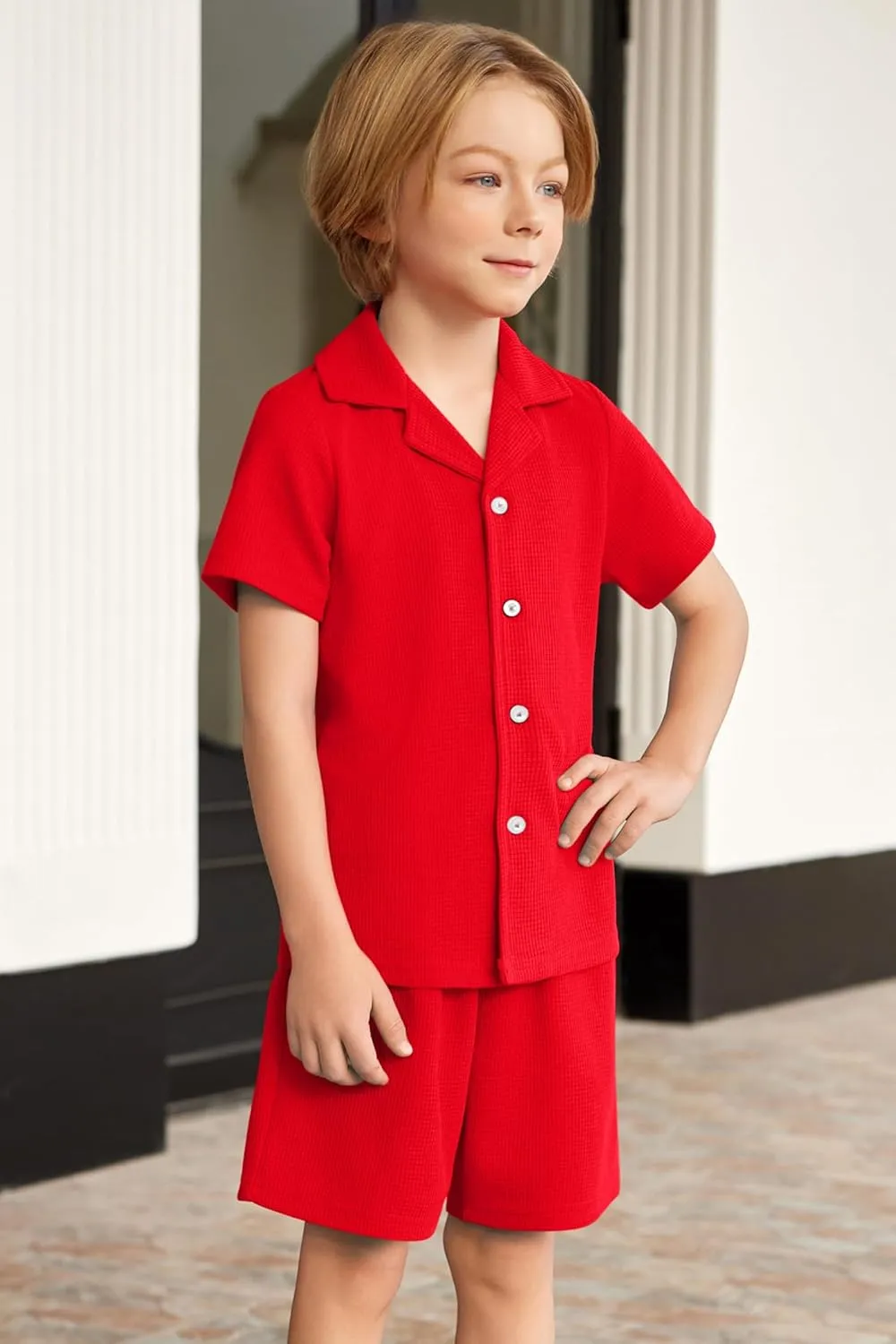 Arshiner Toddler Boys 2 Piece Summer Outfits Waffle Knit Short Sleeve Button Down Shirt & Casual Shorts Sets Size 2-7