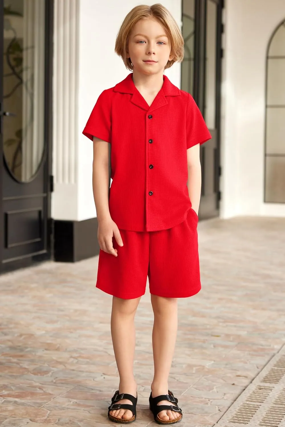 Arshiner Toddler Boys 2 Piece Summer Outfits Waffle Knit Short Sleeve Button Down Shirt & Casual Shorts Sets Size 2-7