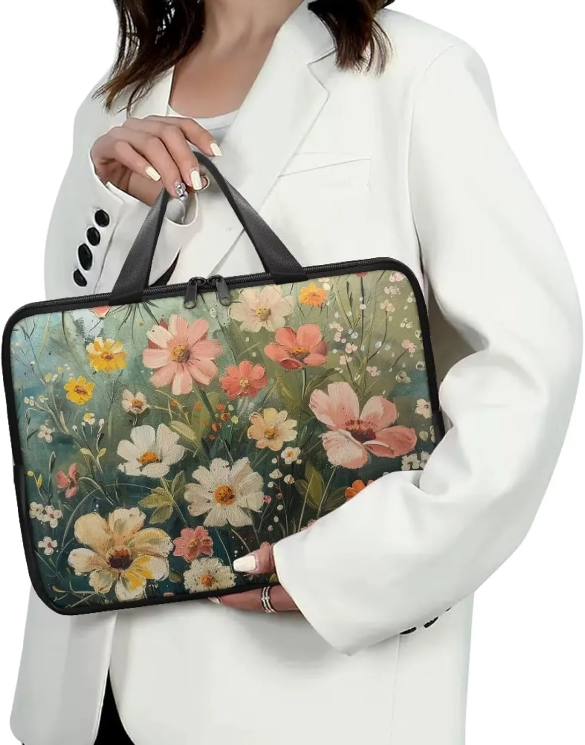 Art Flowers Laptop Sleeve with Handle, Laptop Tote Bags Tablet Carrying Case Universal 13 Inch Notebook/Reader, Water-Repellent Fabric Zipper Handbag Briefcase for Men/Women
