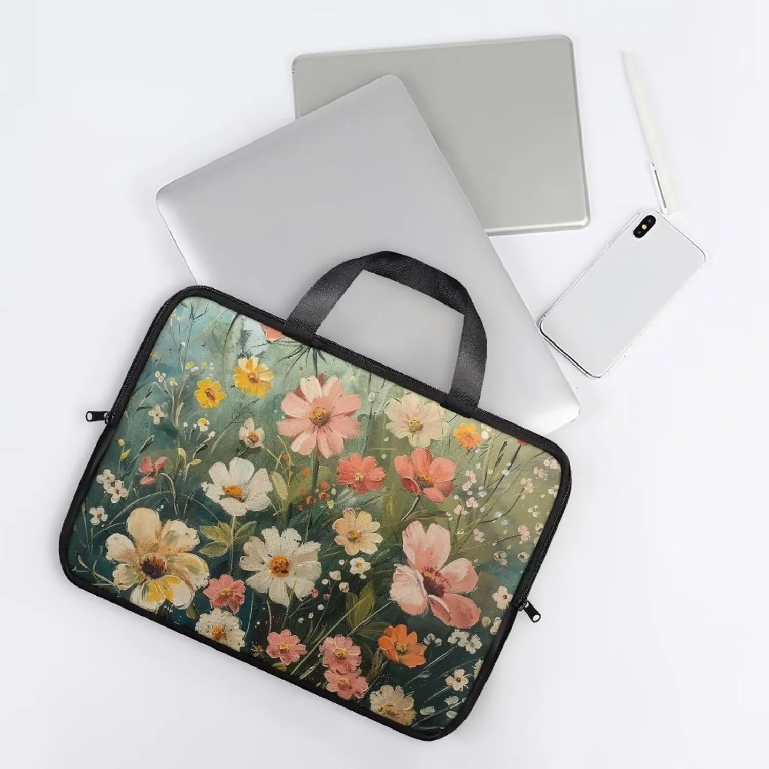 Art Flowers Laptop Sleeve with Handle, Laptop Tote Bags Tablet Carrying Case Universal 13 Inch Notebook/Reader, Water-Repellent Fabric Zipper Handbag Briefcase for Men/Women