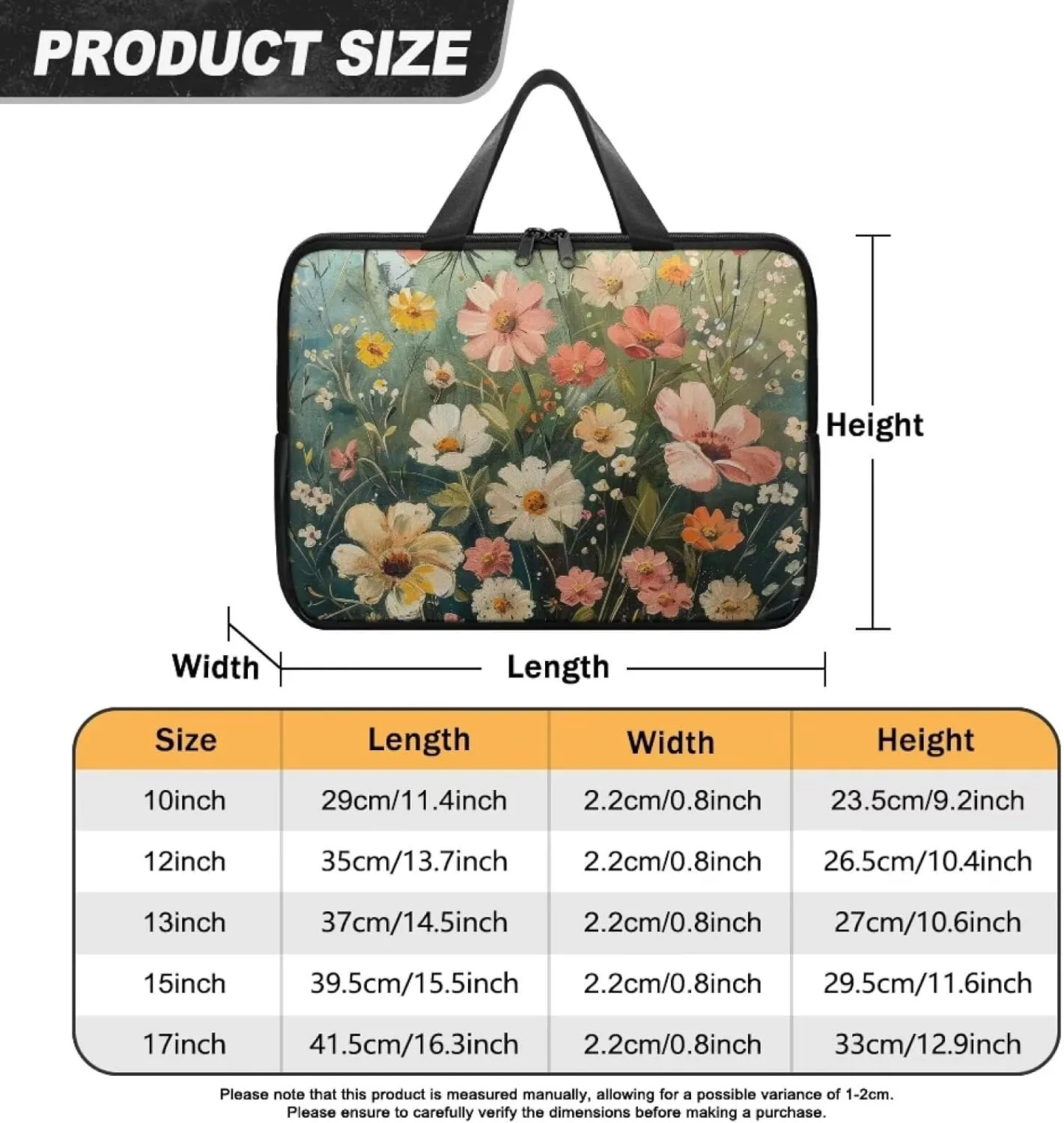 Art Flowers Laptop Sleeve with Handle, Laptop Tote Bags Tablet Carrying Case Universal 13 Inch Notebook/Reader, Water-Repellent Fabric Zipper Handbag Briefcase for Men/Women
