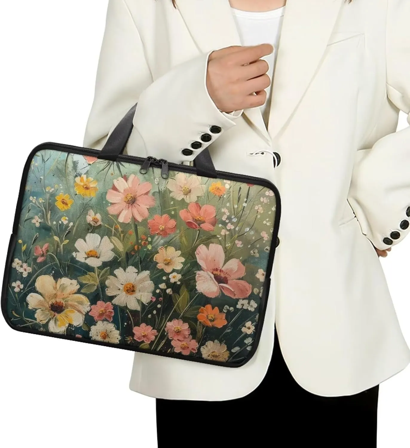 Art Flowers Laptop Sleeve with Handle, Laptop Tote Bags Tablet Carrying Case Universal 13 Inch Notebook/Reader, Water-Repellent Fabric Zipper Handbag Briefcase for Men/Women