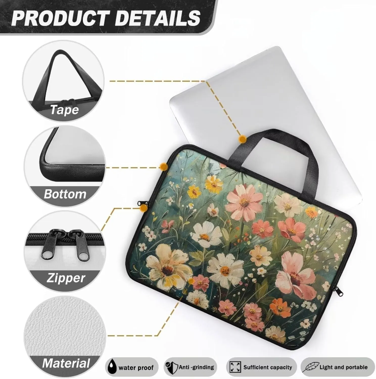 Art Flowers Laptop Sleeve with Handle, Laptop Tote Bags Tablet Carrying Case Universal 13 Inch Notebook/Reader, Water-Repellent Fabric Zipper Handbag Briefcase for Men/Women