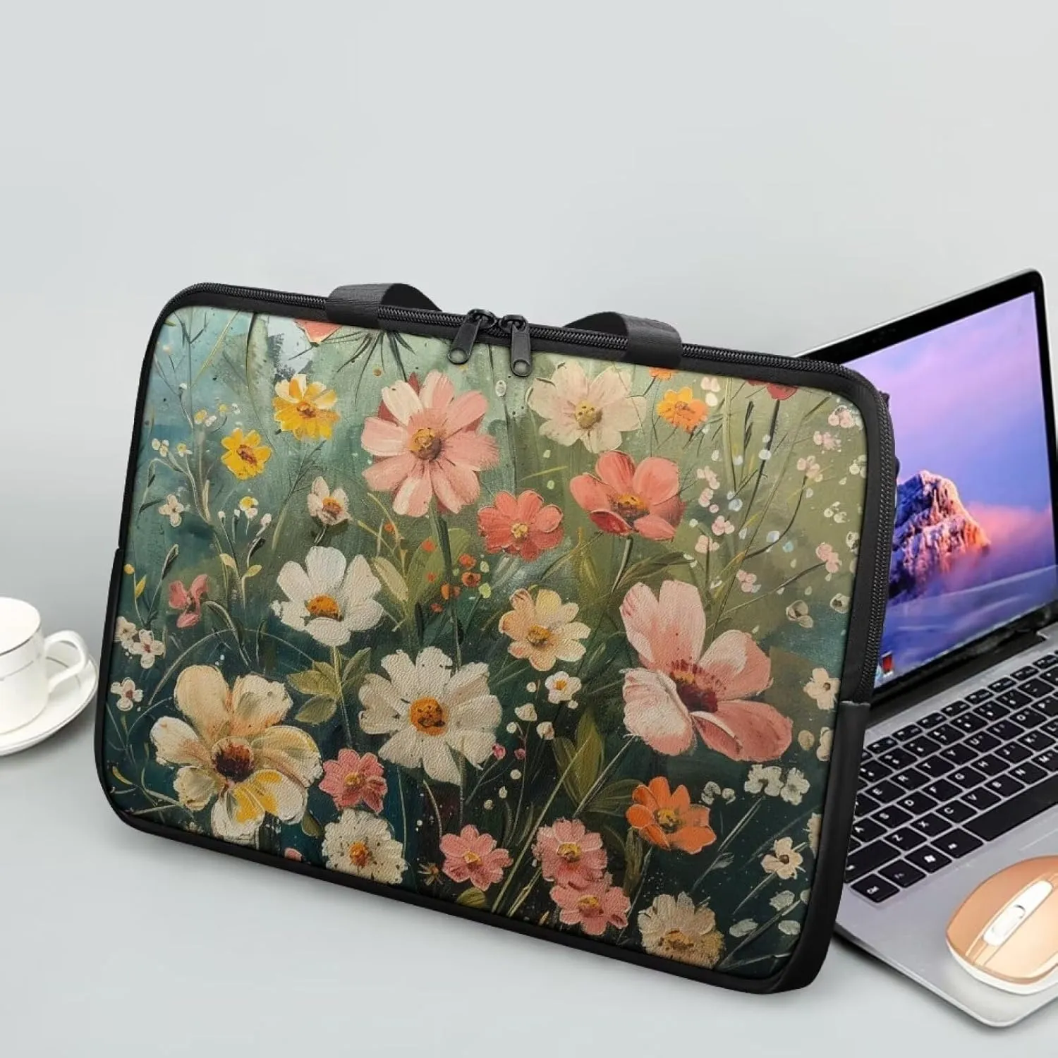 Art Flowers Laptop Sleeve with Handle, Laptop Tote Bags Tablet Carrying Case Universal 13 Inch Notebook/Reader, Water-Repellent Fabric Zipper Handbag Briefcase for Men/Women