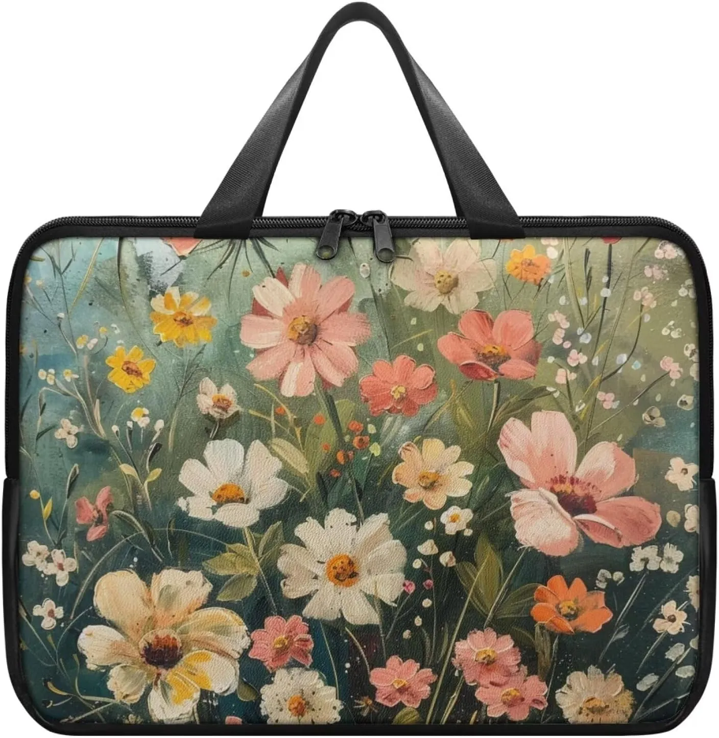 Art Flowers Laptop Sleeve with Handle, Laptop Tote Bags Tablet Carrying Case Universal 13 Inch Notebook/Reader, Water-Repellent Fabric Zipper Handbag Briefcase for Men/Women