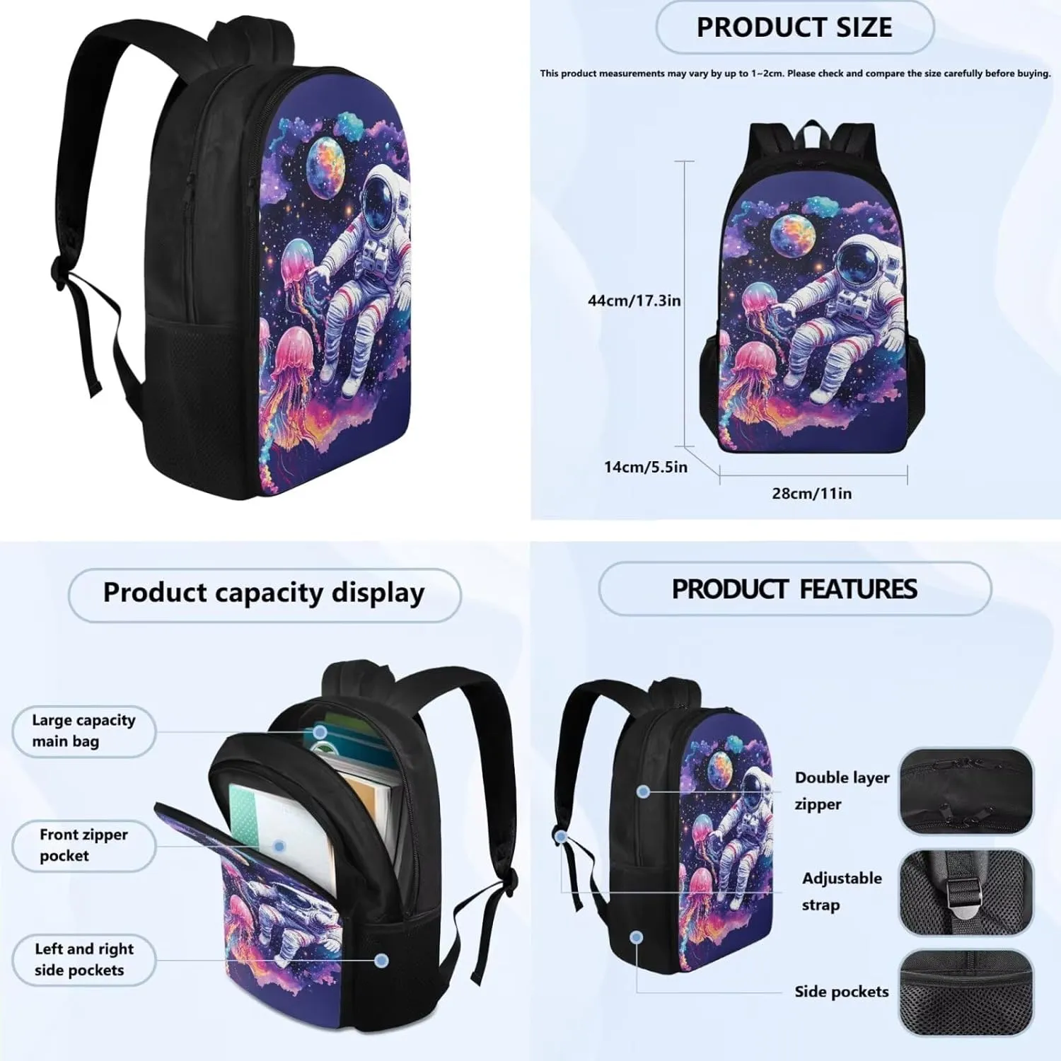 Astronaut Backpack for School Girls with Lunchbox and Pencil Case Bookbag with Water Bottle Sleeve Kids Large School Bags Set Cute Animal Book Bag Lunch Bag