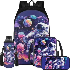 Astronaut Backpack for School Girls with Lunchbox and Pencil Case Bookbag with Water Bottle Sleeve Kids Large School Bags Set Cute Animal Book Bag Lunch Bag