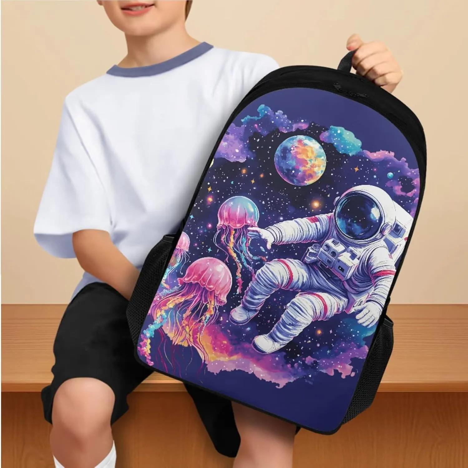 Astronaut Backpack for School Girls with Lunchbox and Pencil Case Bookbag with Water Bottle Sleeve Kids Large School Bags Set Cute Animal Book Bag Lunch Bag