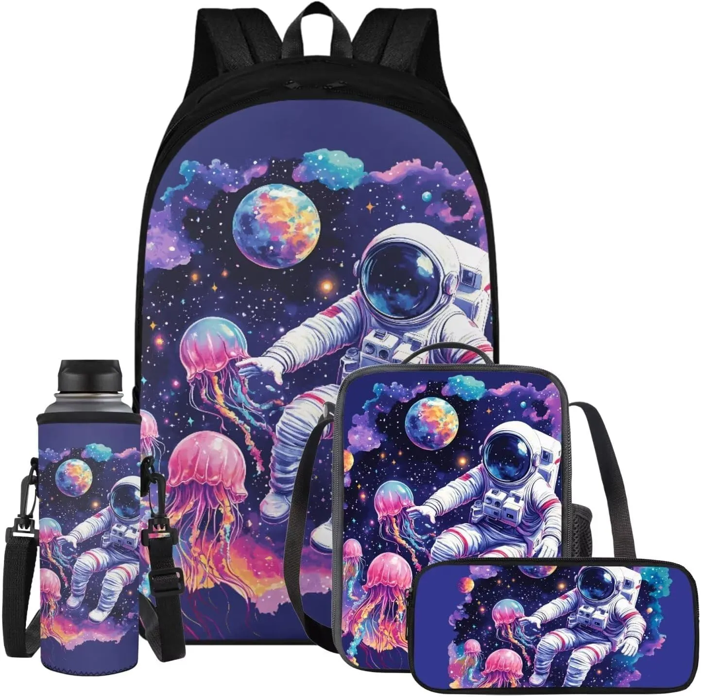 Astronaut Backpack for School Girls with Lunchbox and Pencil Case Bookbag with Water Bottle Sleeve Kids Large School Bags Set Cute Animal Book Bag Lunch Bag