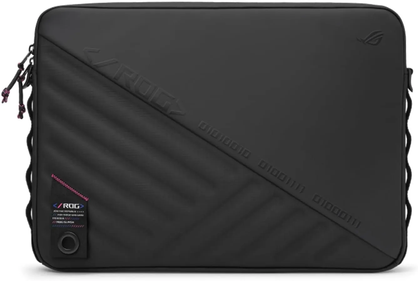 ASUS ROG Slash Sleeve Bag 4.0, Fit 16" Laptop, Adaptor, and Mouse, Tear-Resistant, Water-Repellent, PU Leather, Adjustable Shoulder Strap, Three-point Fixation Strap, Multiple Pockets, Black