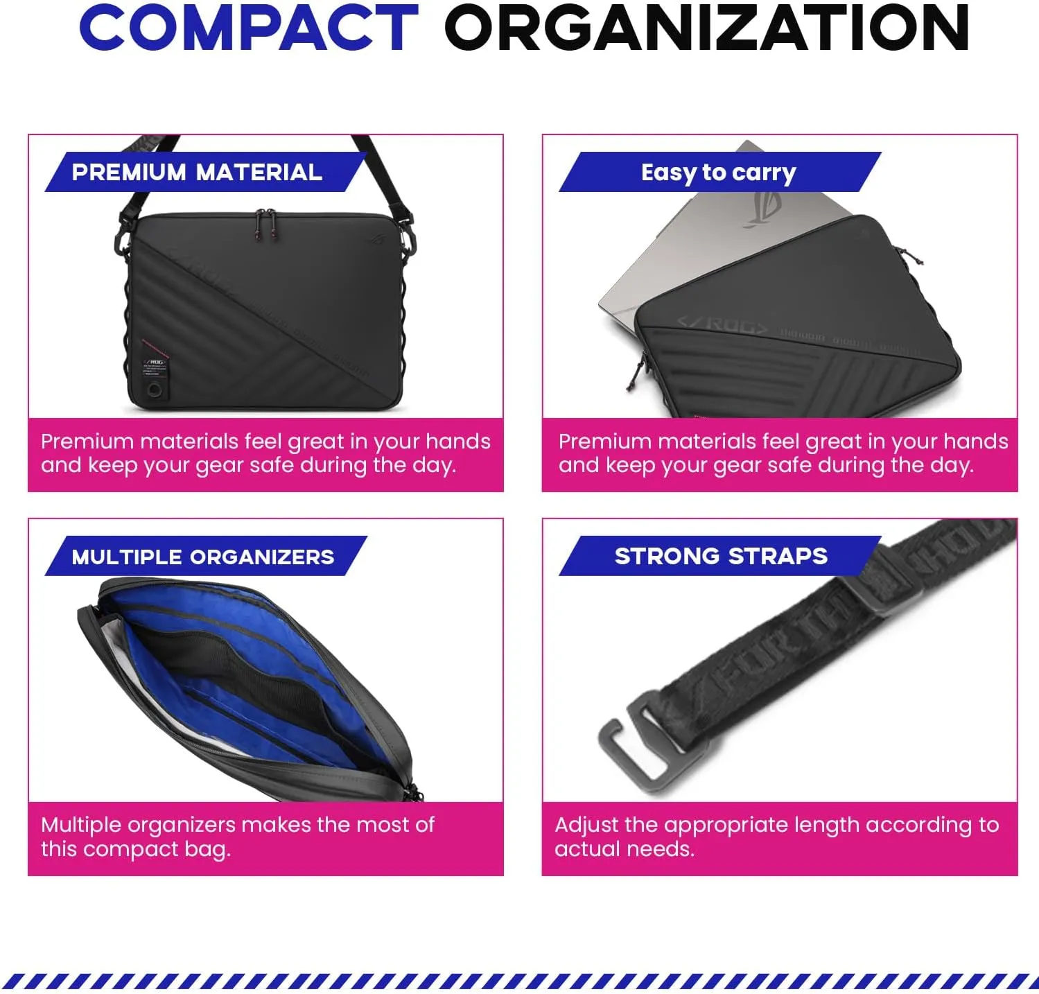 ASUS ROG Slash Sleeve Bag 4.0, Fit 16" Laptop, Adaptor, and Mouse, Tear-Resistant, Water-Repellent, PU Leather, Adjustable Shoulder Strap, Three-point Fixation Strap, Multiple Pockets, Black