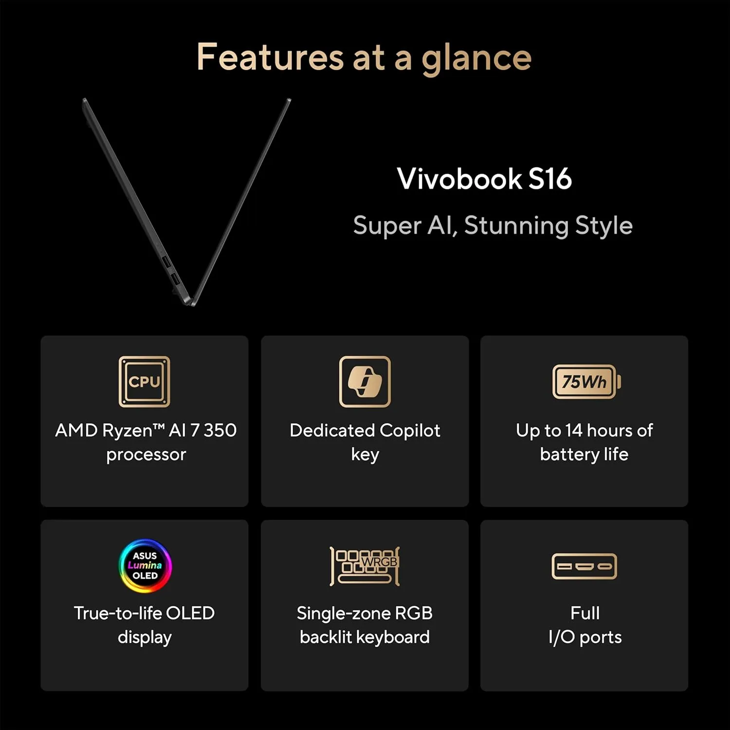 ASUS Vivobook S16 Laptop, Copilot  PC, AMD Ryzen AI 7 350 with XDNA NPU, 24GB Memory, 1TB SSD, Neutral Black, M5606KA-PS77