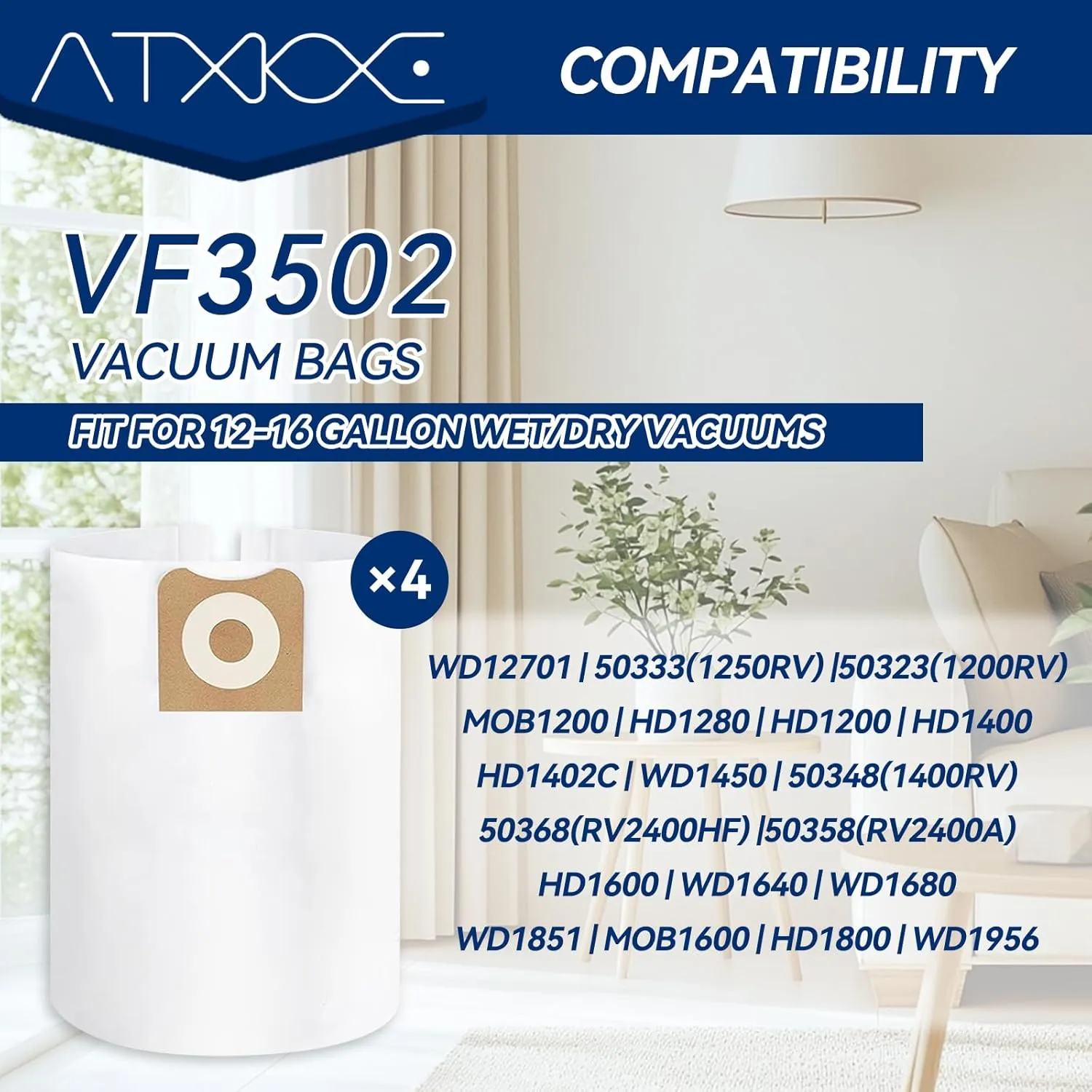 ATXKXE VF4000 General Standard Replacement Filter for 72947 Wet Dry 5 to 20 Gal,2 Pack VF4000 Filters   4 Pack VF3502 Bags