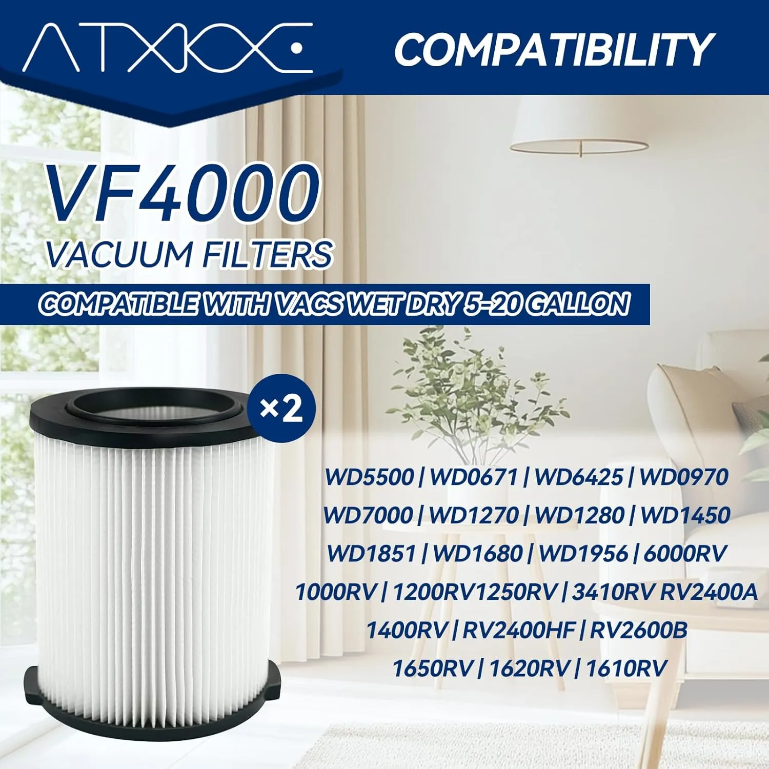 ATXKXE VF4000 General Standard Replacement Filter for 72947 Wet Dry 5 to 20 Gal,2 Pack VF4000 Filters   4 Pack VF3502 Bags