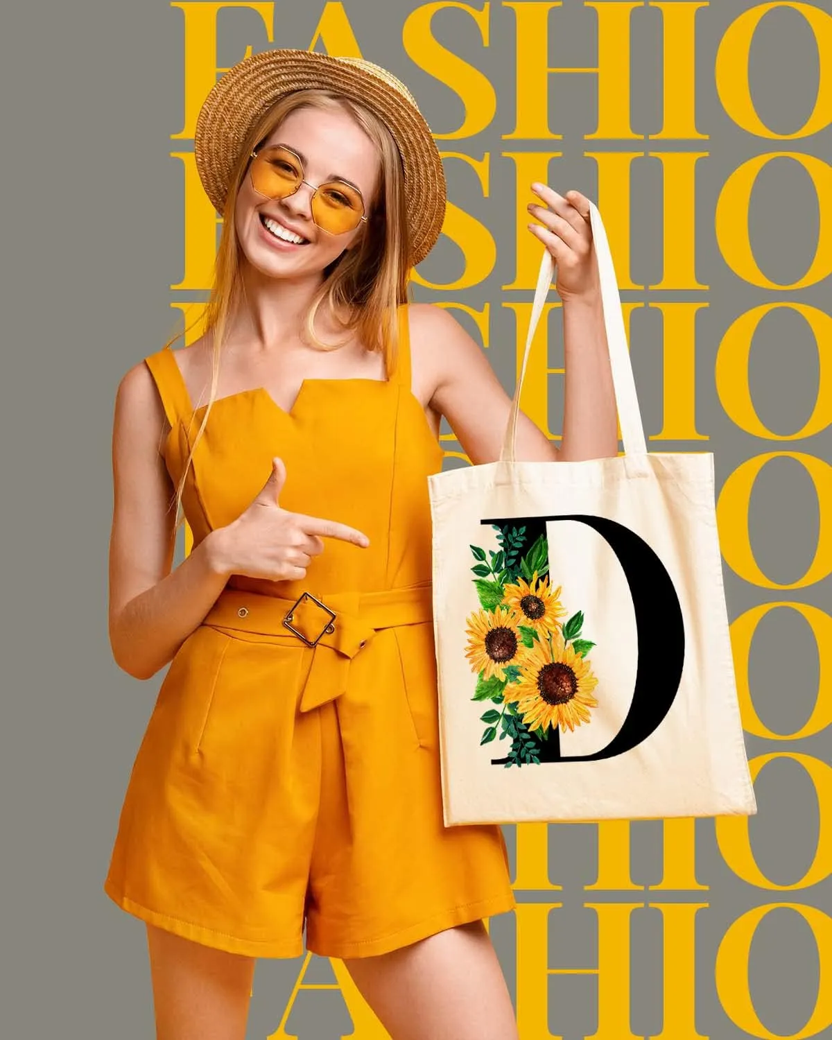 AUSVKAI Cute Sunflower Initial Canvas Tote Bag Aesthetic for Women
