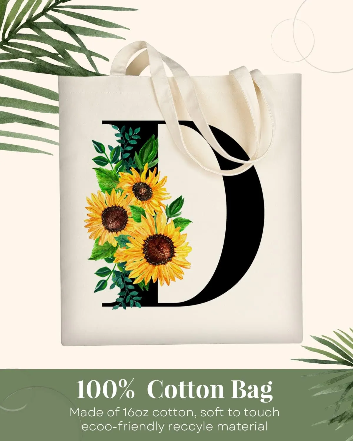 AUSVKAI Cute Sunflower Initial Canvas Tote Bag Aesthetic for Women