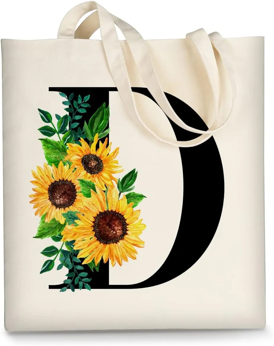 AUSVKAI Cute Sunflower Initial Canvas Tote Bag Aesthetic for Women