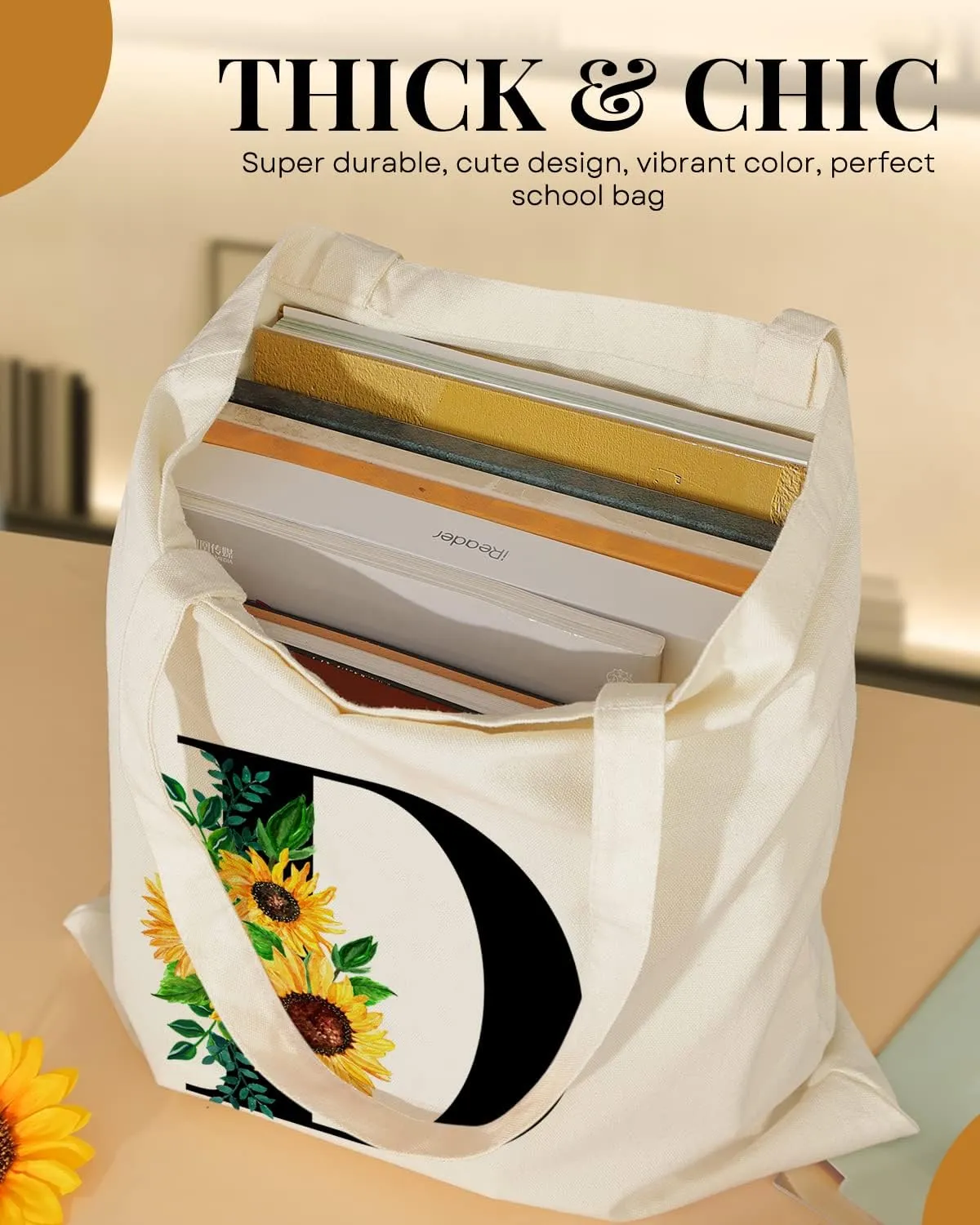 AUSVKAI Cute Sunflower Initial Canvas Tote Bag Aesthetic for Women