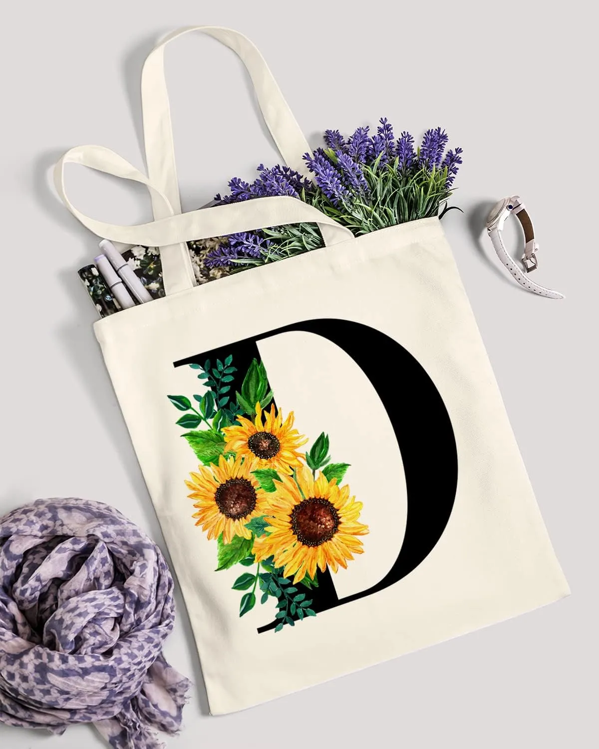 AUSVKAI Cute Sunflower Initial Canvas Tote Bag Aesthetic for Women