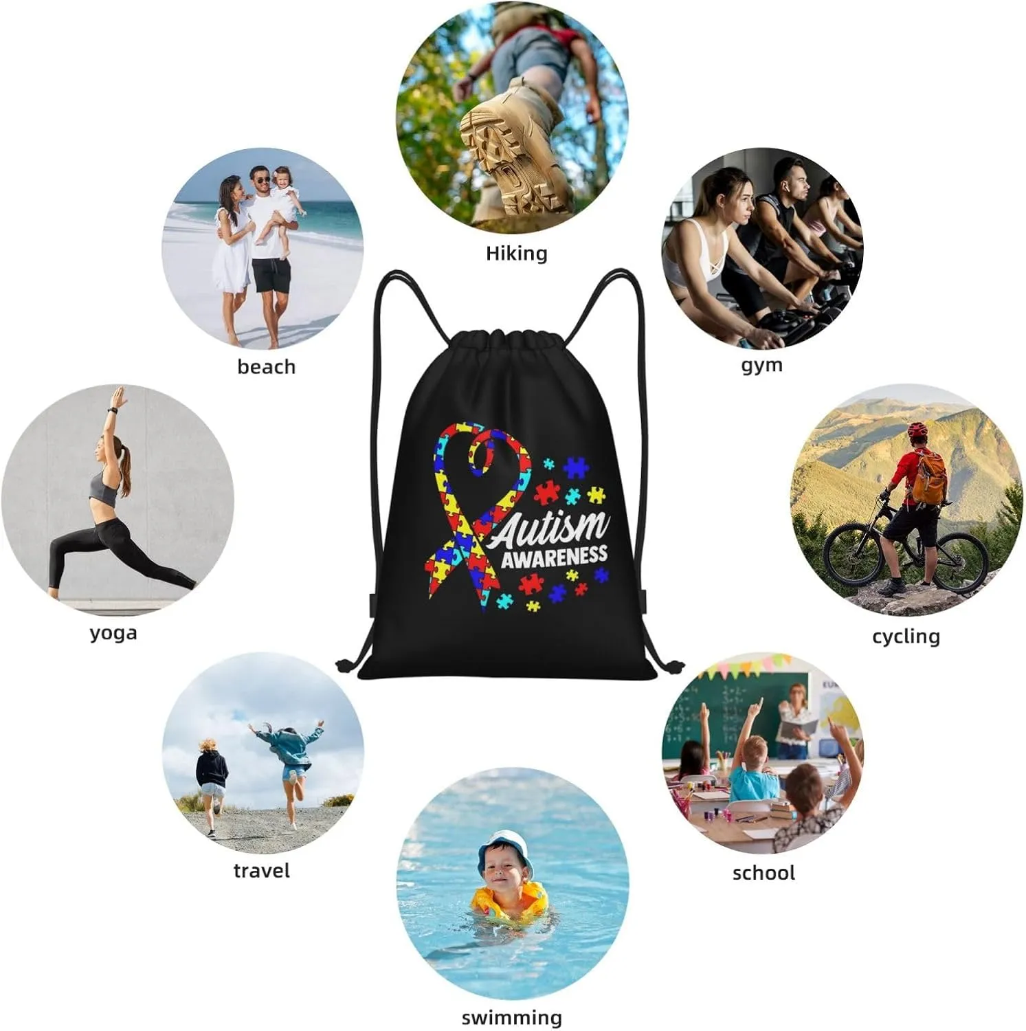 Autism Awareness Drawstring Bags Autism Adjustable Bags Backpack for Sports, Gym, Yoga,Travel, Swimming, Beach