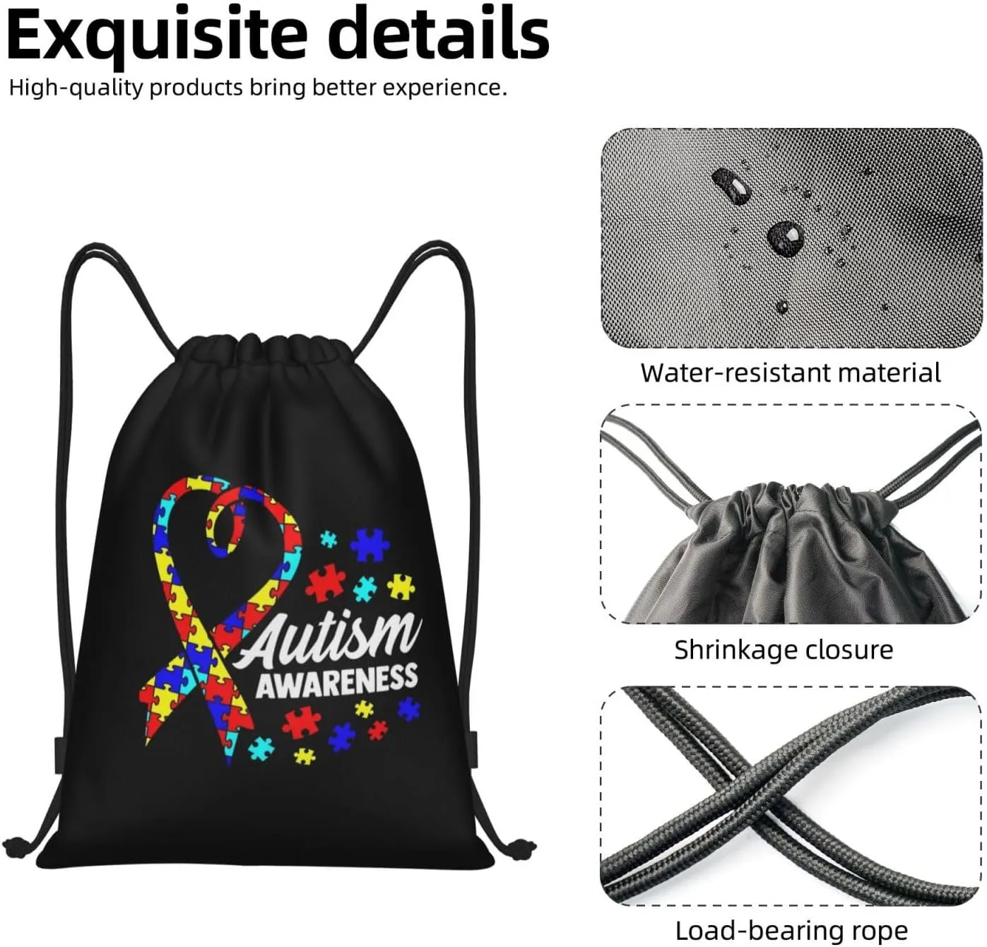 Autism Awareness Drawstring Bags Autism Adjustable Bags Backpack for Sports, Gym, Yoga,Travel, Swimming, Beach