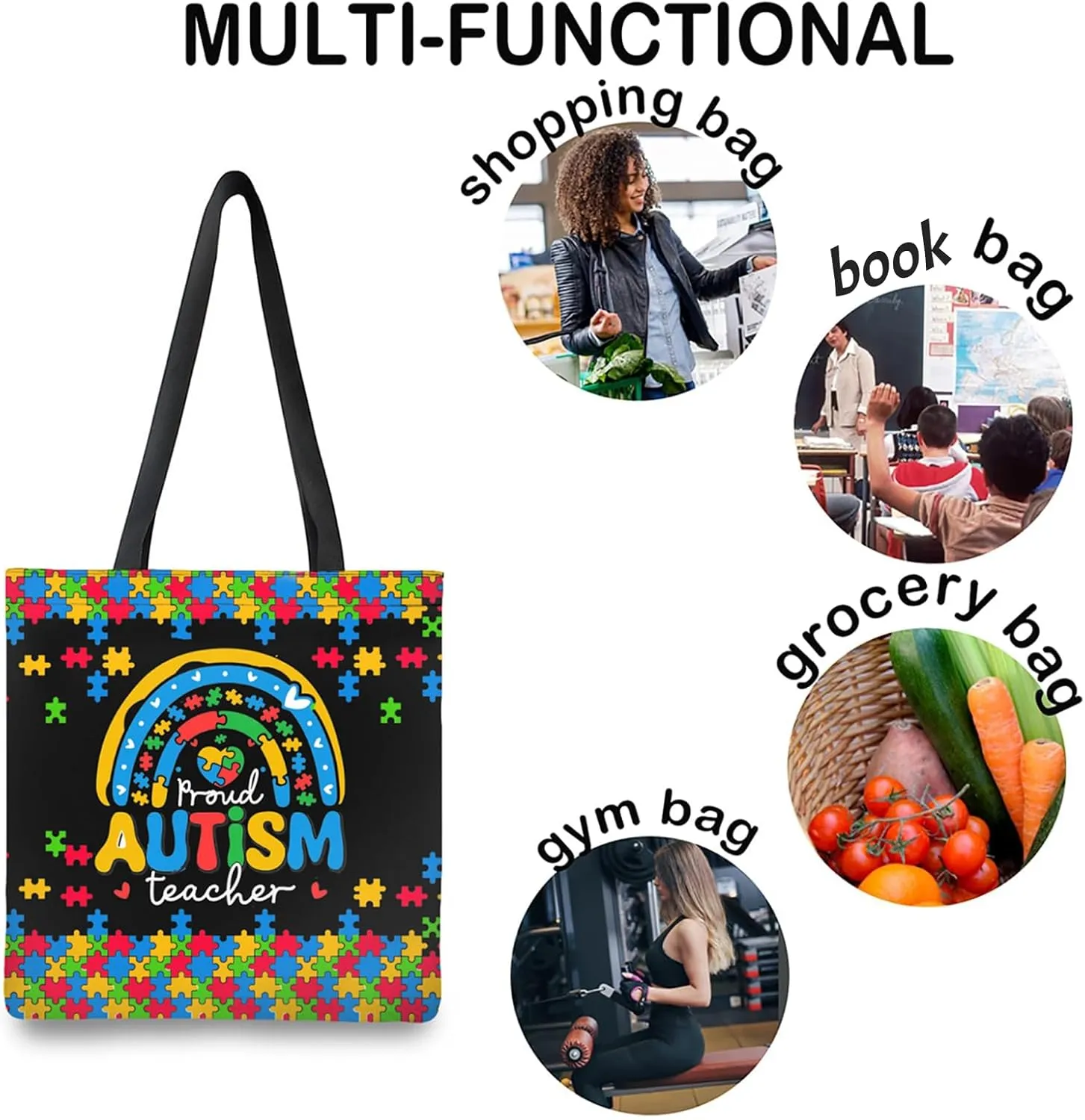 Autism Awareness Gifts For Autism Teacher,Autism Tote Bag Handbag Reusable Shopping Grocery Bags Teacher Gifts