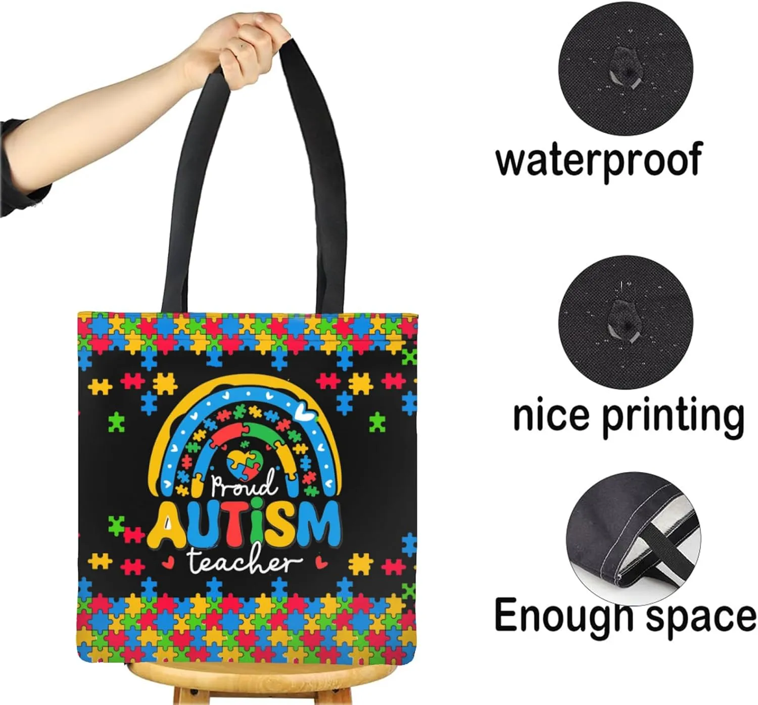Autism Awareness Gifts For Autism Teacher,Autism Tote Bag Handbag Reusable Shopping Grocery Bags Teacher Gifts