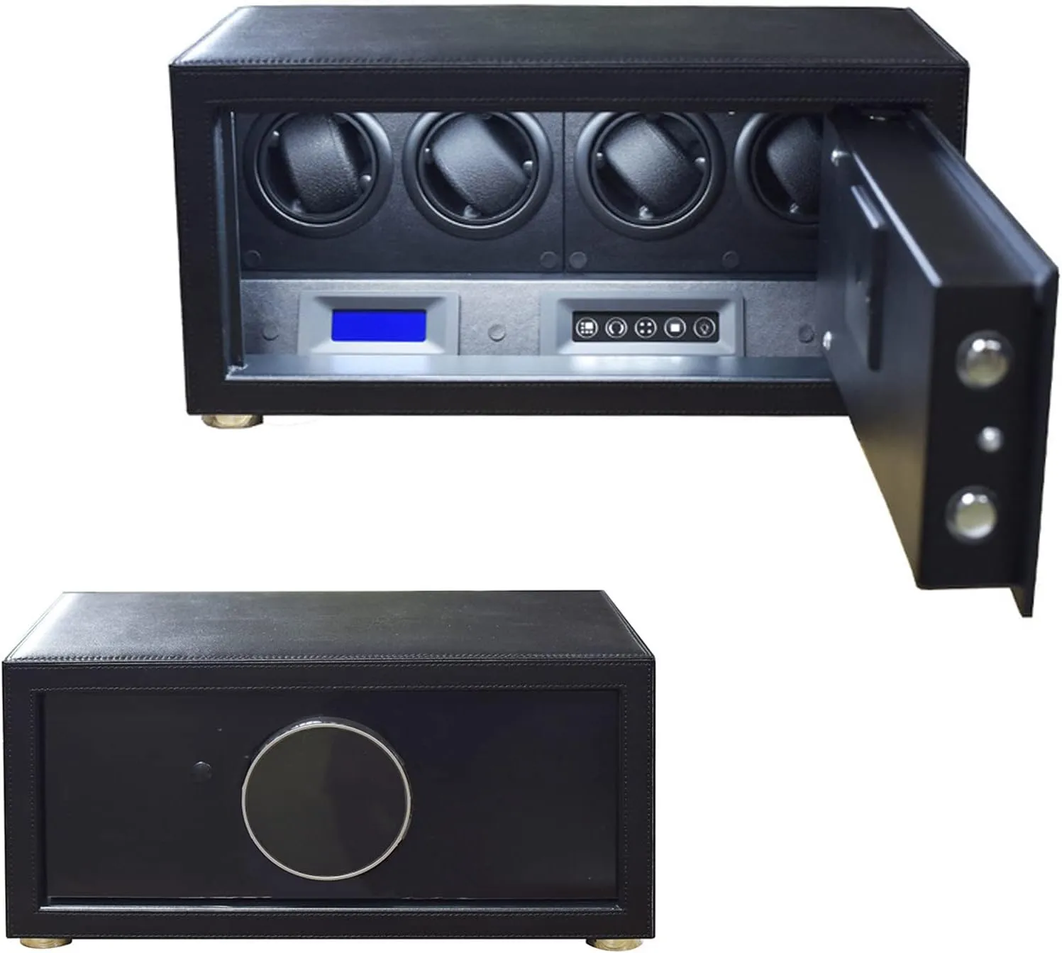 Automatic Watch Winder for 4 Watches, Pu Leather Self-Winding Mechanical Watch Box with 5 Tpd Modes LCD Display Blue Led Light Quiet Motor Upgraded Password & Key UNL,Black