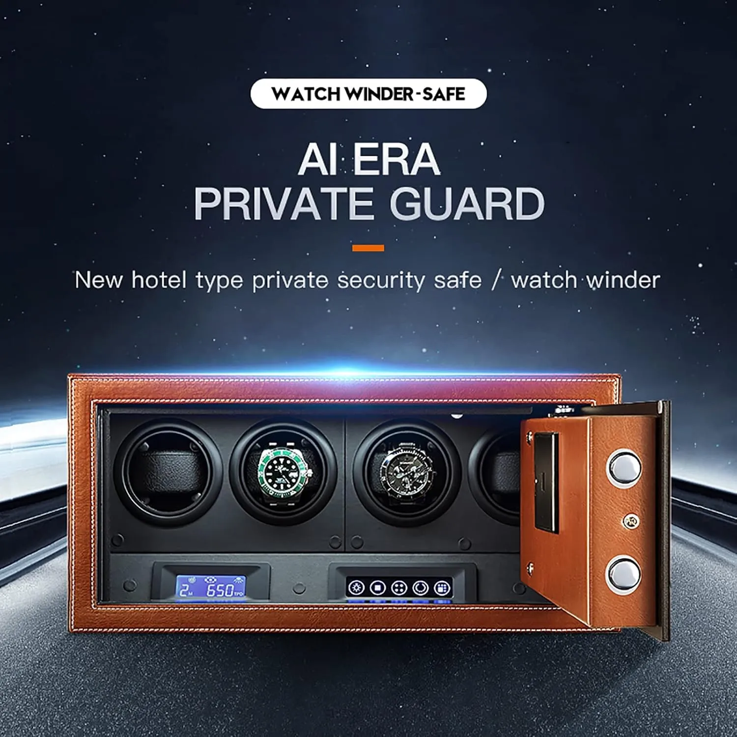 Automatic Watch Winder for 4 Watches, Pu Leather Self-Winding Mechanical Watch Box with 5 Tpd Modes LCD Display Blue Led Light Quiet Motor Upgraded Password & Key UNL,Black