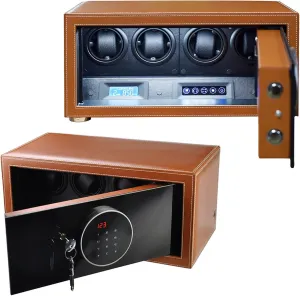 Automatic Watch Winder for 4 Watches, Pu Leather Self-Winding Mechanical Watch Box with 5 Tpd Modes LCD Display Blue Led Light Quiet Motor Upgraded Password & Key UNL,Brown