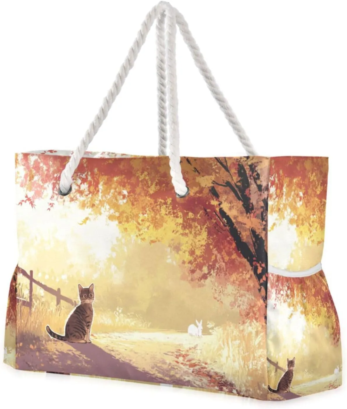 Autumn Tree Golden Leaves Black Cat Large Capacity Tote Bag With Zipper with side pocketes Duffel Bag Women with cup holders on side