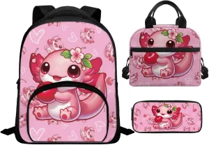 Axolotl Backpack for Girls Preschool Lightweight Bookbag with Lunch Box and Pencil Case 3PCS School Back Pack Set for Little Girls Picnic Travel or Hiking Outdoor Sports