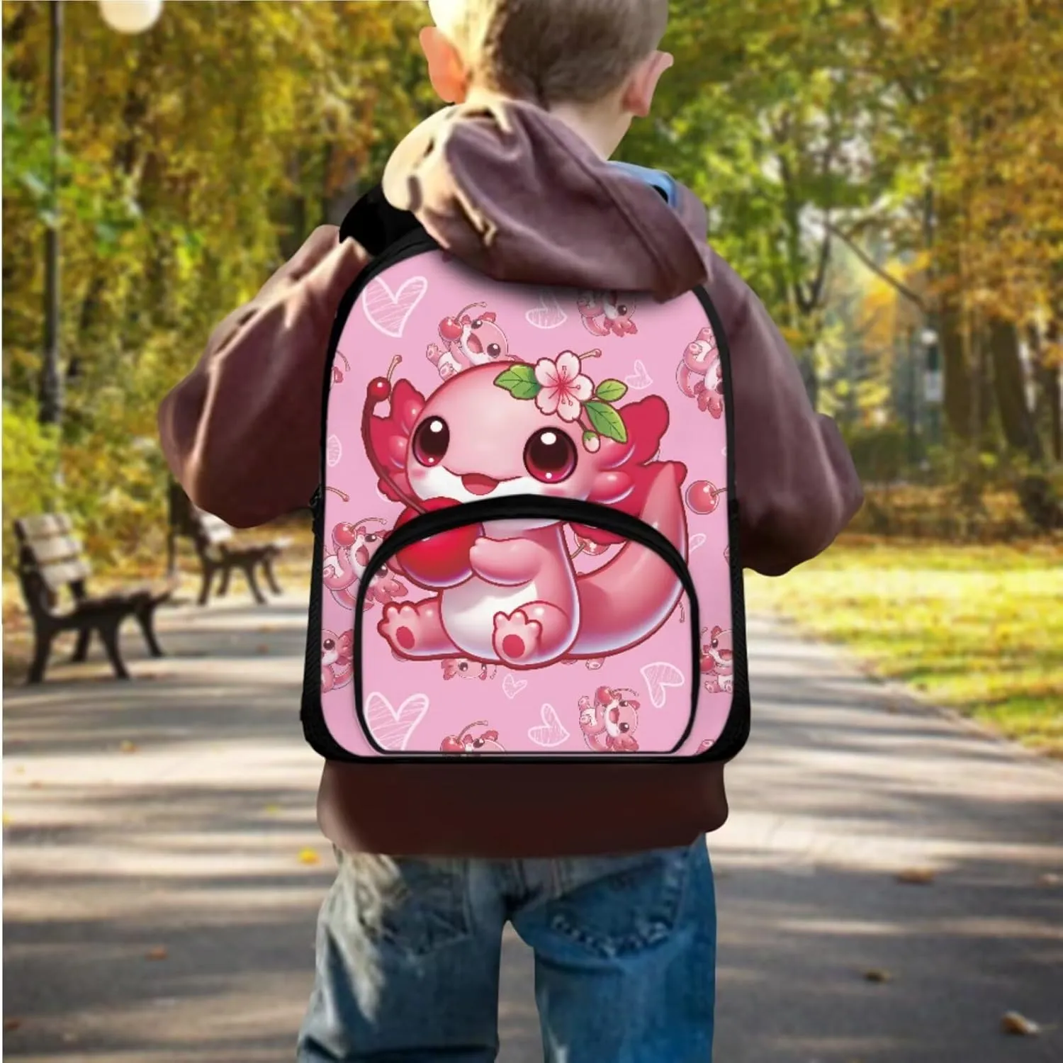 Axolotl Backpack for Girls Preschool Lightweight Bookbag with Lunch Box and Pencil Case 3PCS School Back Pack Set for Little Girls Picnic Travel or Hiking Outdoor Sports