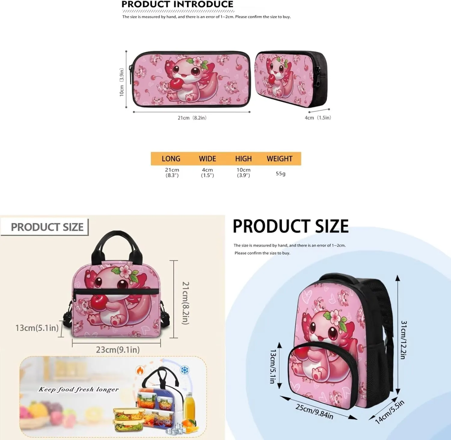 Axolotl Backpack for Girls Preschool Lightweight Bookbag with Lunch Box and Pencil Case 3PCS School Back Pack Set for Little Girls Picnic Travel or Hiking Outdoor Sports